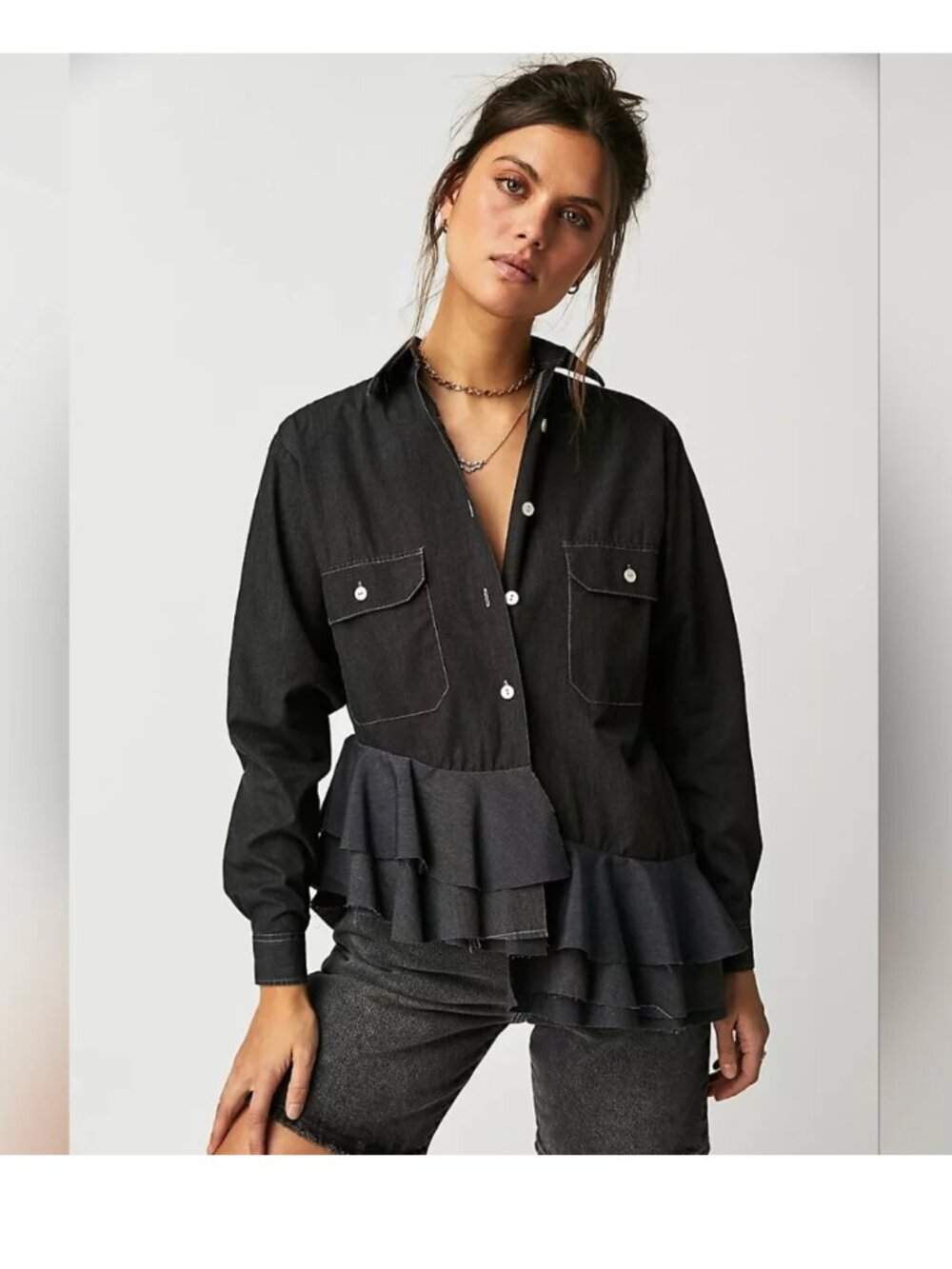 FREE PEOPLE Tricia Fix Top/Jacket • Rare Sold-Out Studded Heart Ruffle Button-Up - Picture 2 of 8